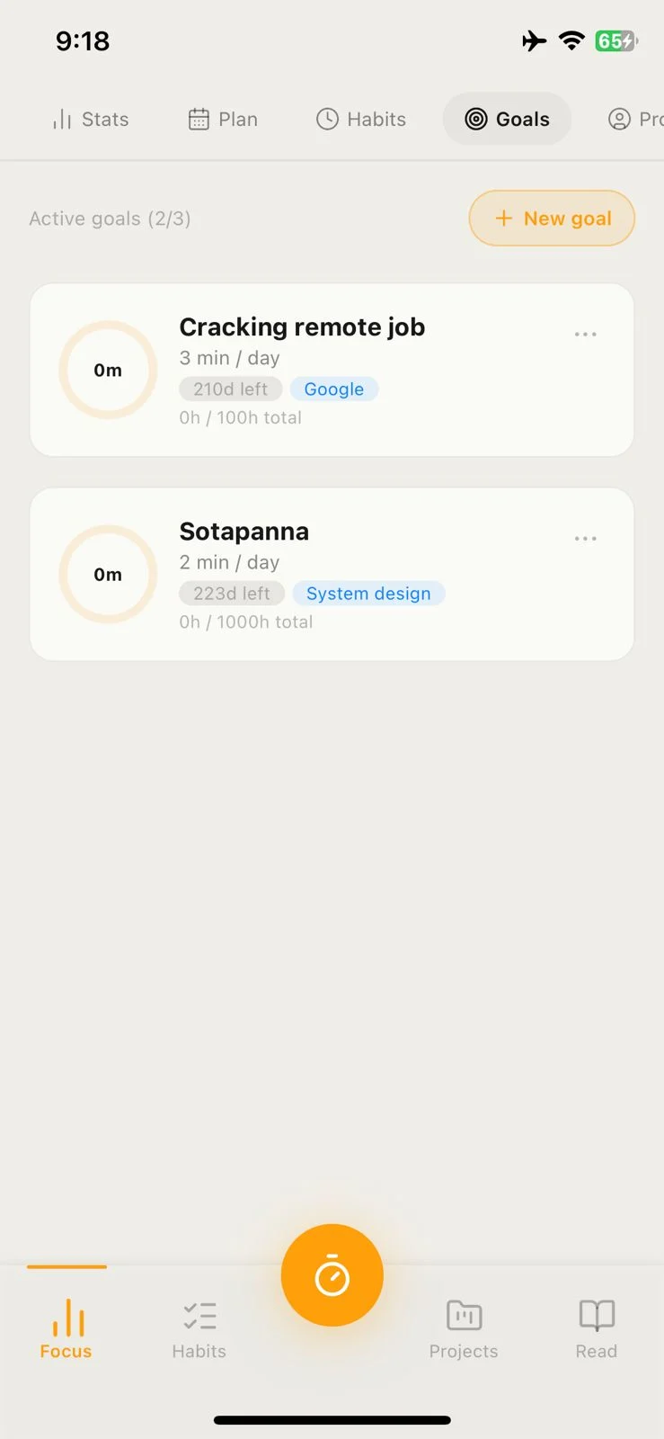 Pomogolo Goals tab showing two active goals — Cracking remote job and Sotapanna — with daily targets and progress