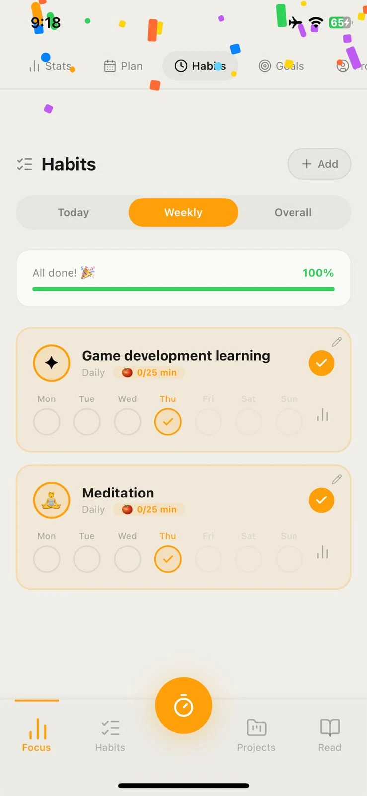 Pomogolo Habits Weekly view with 7-day dot tracker and confetti celebration