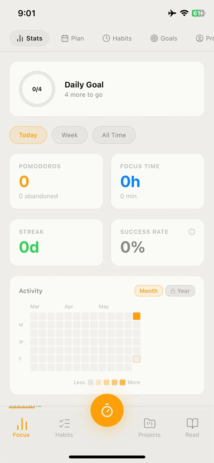 Pomogolo Stats tab showing daily goal ring, Pomodoro count, focus time, streak, and activity heatmap